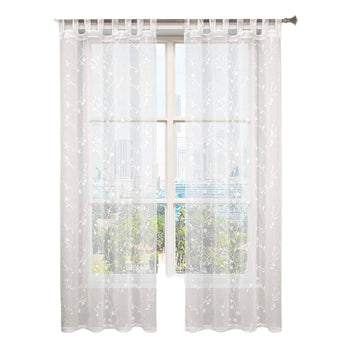 Transparante vitrage met bloemenborduurwerk en lussen 2 stuks | Wit | 140x175 cm