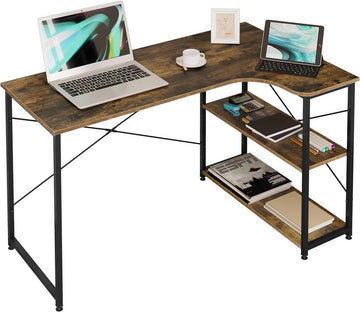 L-vormig bureau met opbergruimte | Vintagebruin en zwart | 120x74x71,5 cm