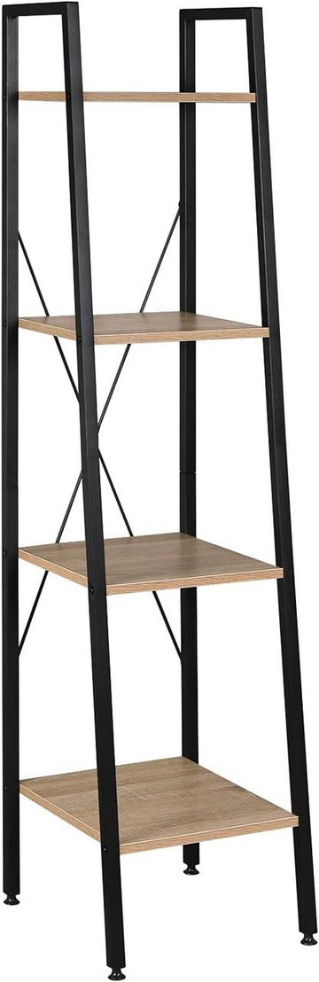 Staand rek van metaal en hout met 4 planken | Zwart + lichteiken | 34x35x148 cm