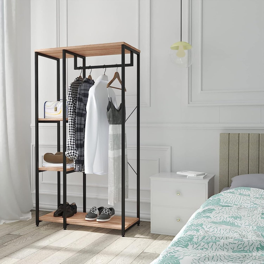 Kleiderstange und Schuhregal mit Ablage | Schwarz-Eiche | 90x40x167 cm
