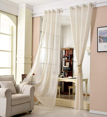 Transparant gordijn met ringen in linnenlook | Zand | 140x145 cm