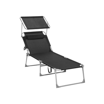Ligbed met zonnedak - inklapbaar - zwart - 71 x 200 x 38 cm