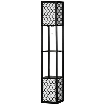 Vloerlamp met 2 legplanken en stoffen kap | Kleur: Zwart+Wit | Afmetingen: 26x26x156 cm