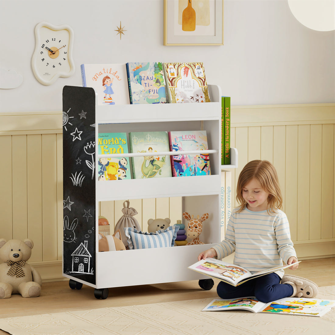 Kinderbücherregal mit 4 Ablagen und Kreidetafel | Farbe: Weiß | Maße: 66,5x32,5x86,5 cm