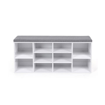 Schoenenbank met kussen, 10 vakken, schoenenrek, wit, 104 x 30 x 48 cm