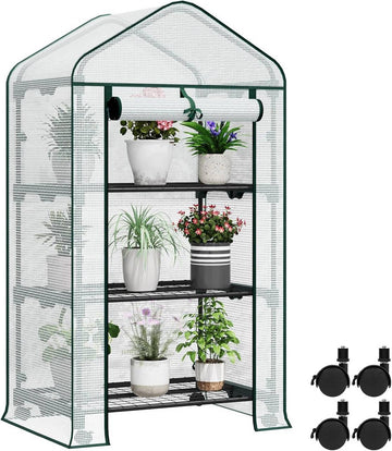 Foliekas met wielen en 3 rekken | Wit, groen | 70x50x130 cm