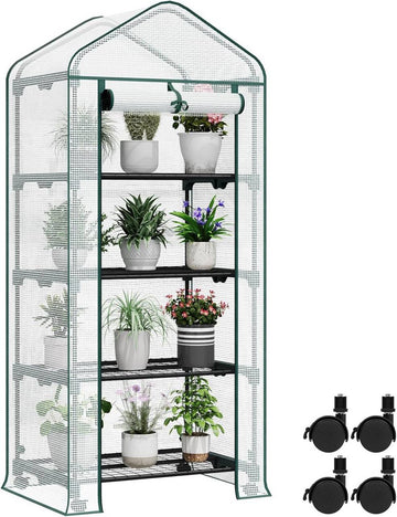 Foliekas met wielen en 4 rekken | Wit, groen | 70x50x163 cm