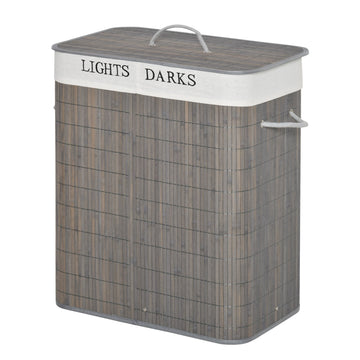 Wasmand 100L met 2 vakken en wasbare binnenzak | Kleur: Grijs | Afmetingen: 52x32x63 cm