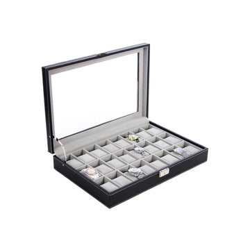 Grote horlogedoos voor 24 horloges - glazen venster - afsluitbaar - 35 x 22 x 8 cm