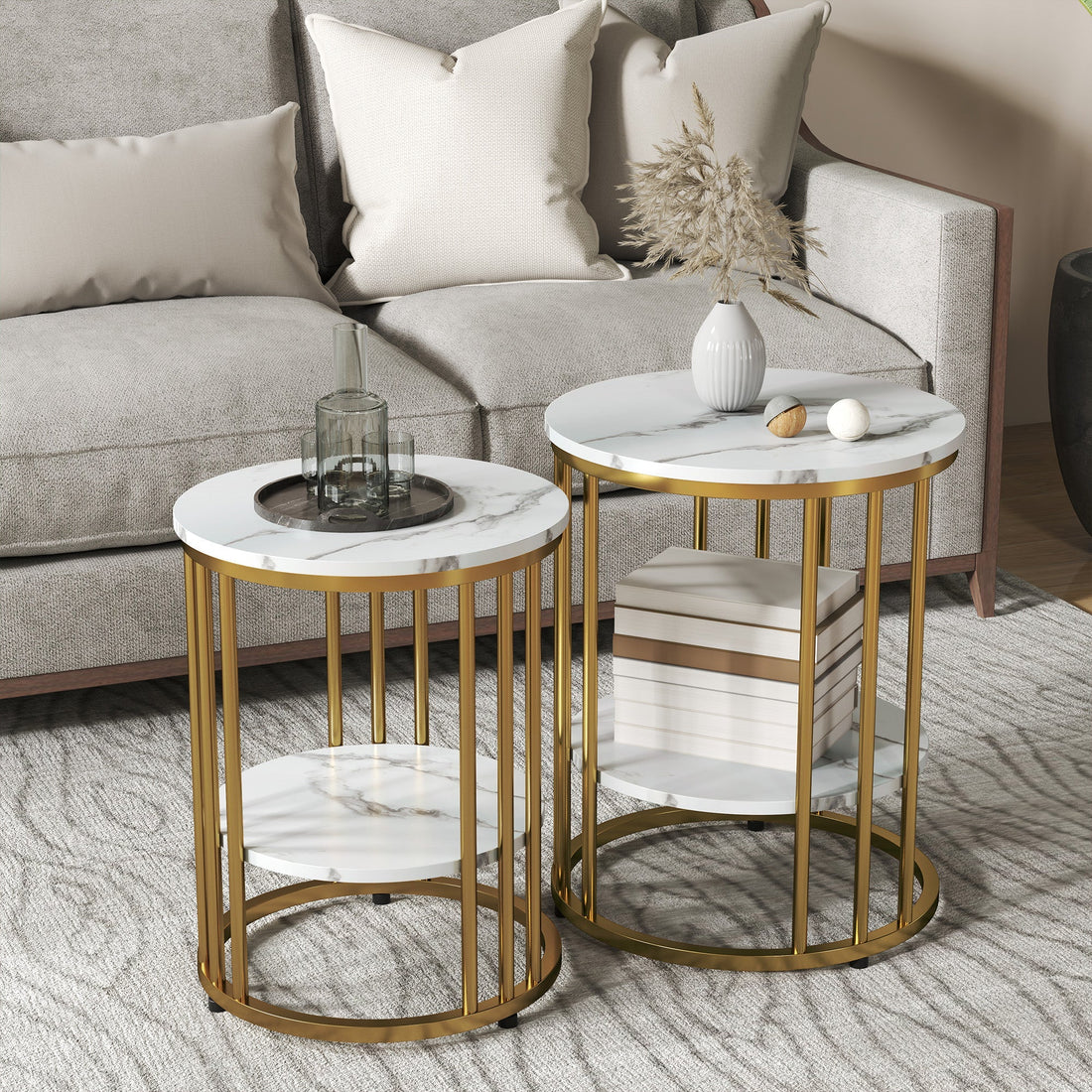 2-delad soffbordssats i marmorlook | Färg: Guld, vit | Mått: 45x45x55/40x40x50,5 cm