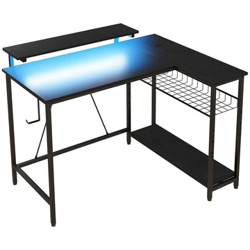 L-vormig bureau met LED, USB en stopcontacten | Kleur: Zwart | Afmetingen: 107x80x90 cm