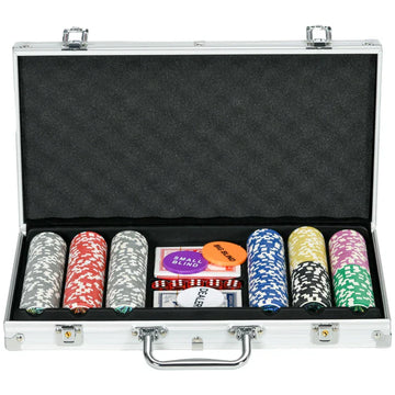 Poker set 300 chips met koffer en speelmat | Kleur: Zilverkleurig | Afmetingen: 23x38.5x6.5 cm