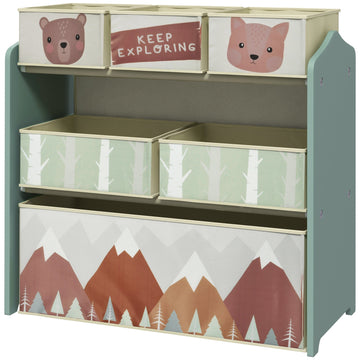 Kinderkast met 6 stoffen opbergboxen | Kleur: Groen | Afmetingen: 63x30x66 cm