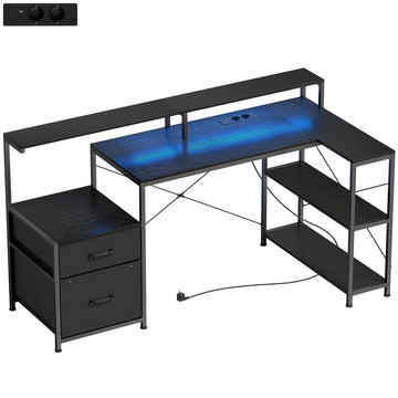 L-vormig gaming bureau met LED en stopcontacten | Kleur: Zwart | Afmetingen: 165x80x91,5 cm