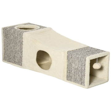 Kattentunnel met kattenhuisjes en krabplekken | Kleur: Bruin+Beige | Afmetingen: 30x98x30 cm