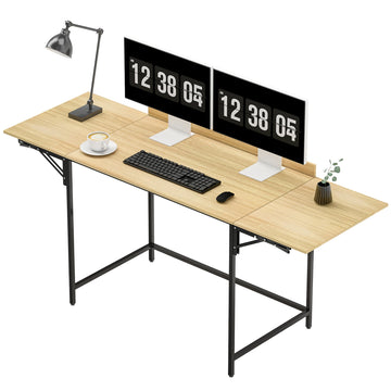 Opvouwbaar computerbureau met 2 uitschuifbladen | Kleur: Bruin, zwart | Afmetingen: 170x58x78 cm