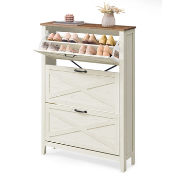 Schoenenkast met 3 kleppen, schoenenkipper, schoenenrek | Vintagewit | 87x24x123,6 cm