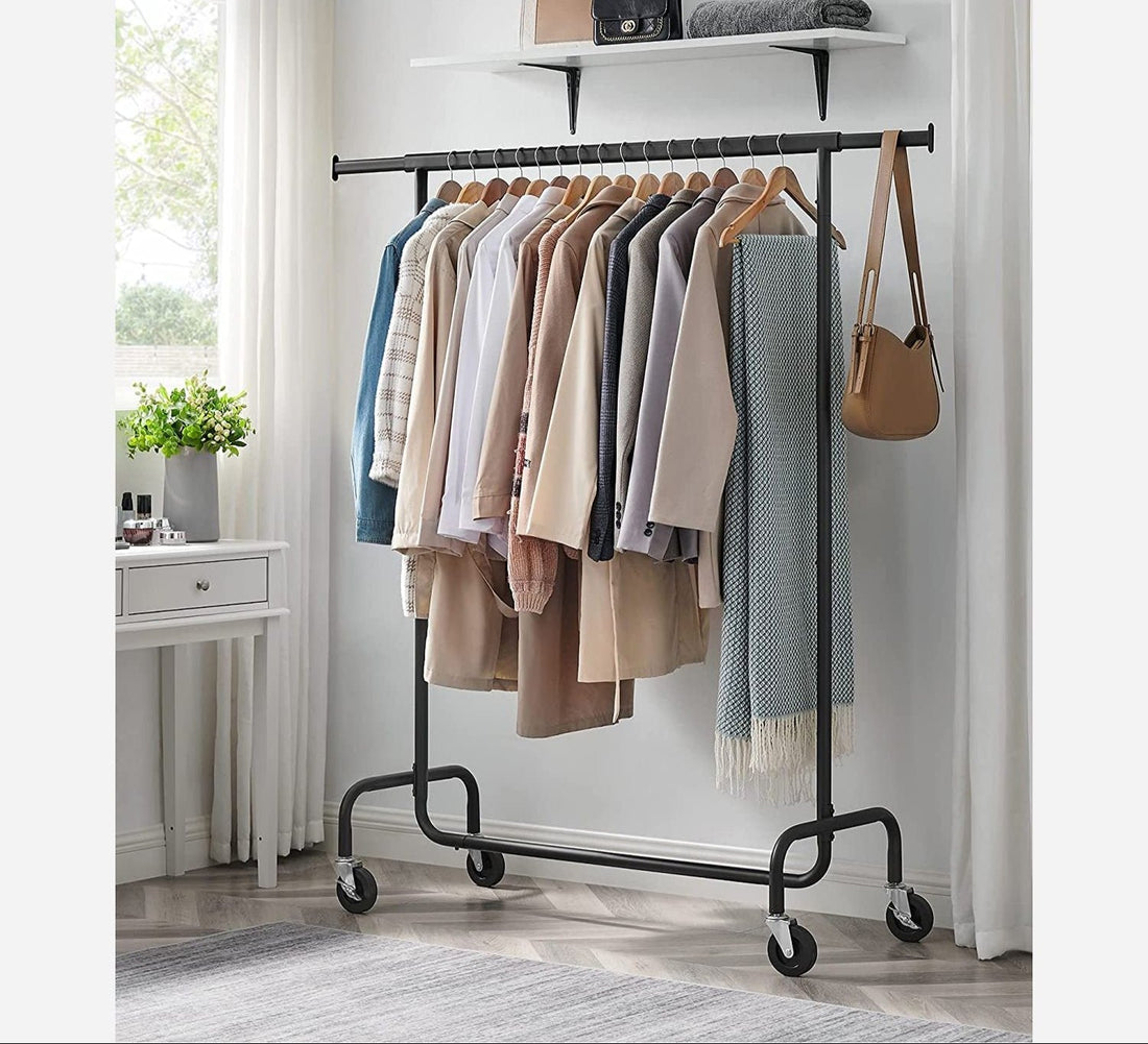Kledingrek op wielen - verstelbaar - draagkracht 136 kg - zwart - 45 x (110-150) x 160 cm