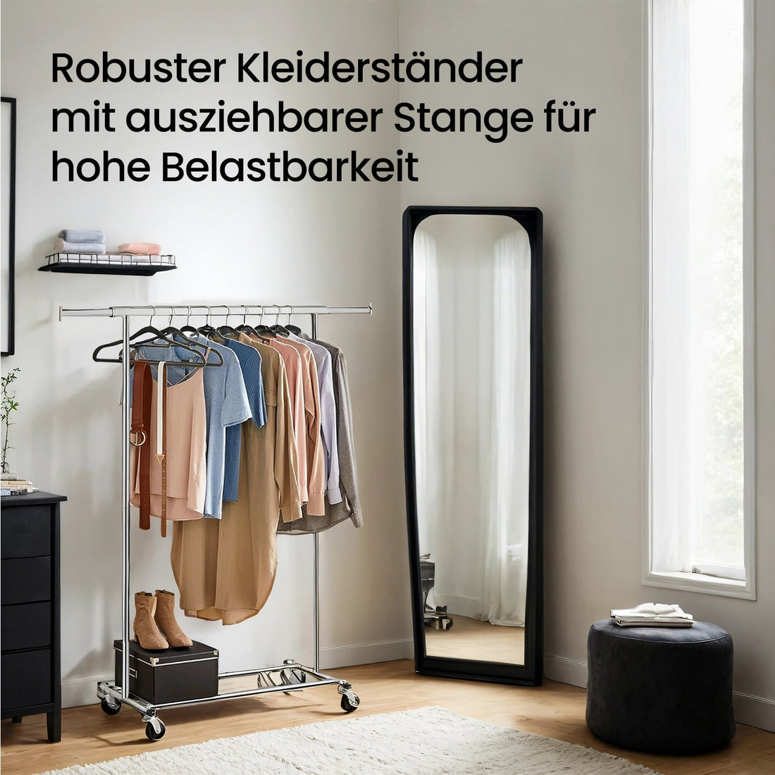Kleiderständer auf Rollen - ausziehbare Kleiderstange - knitterfrei - 92-132 x 160 x 45,4 cm