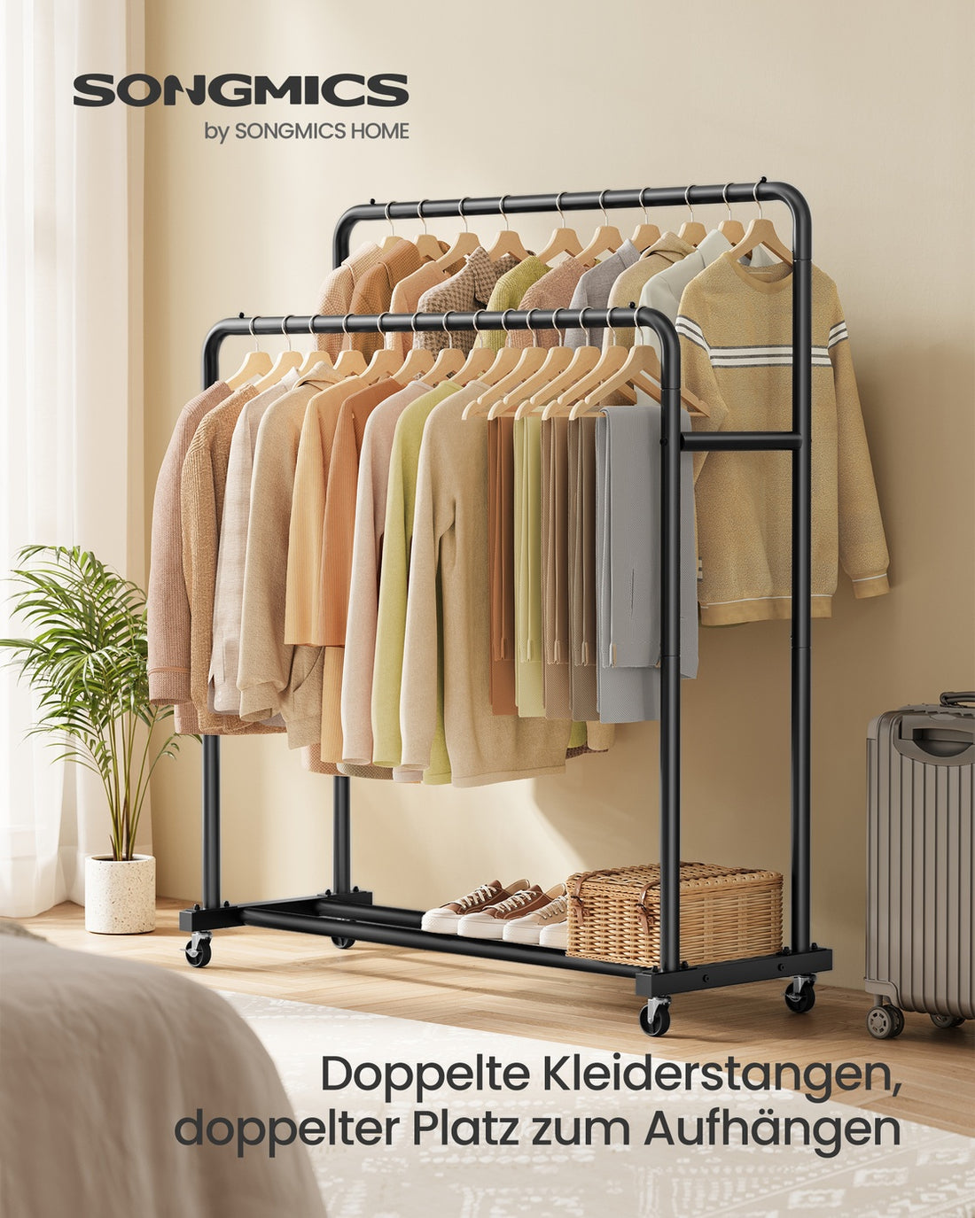 Kledingrek op wielen voor flexibele opslag | Tintenzwart | 110x46,5x155 cm