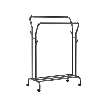 Kledingrek op wielen – 2 kledingstangen – zwart staal – 120 x 45 x 160 cm