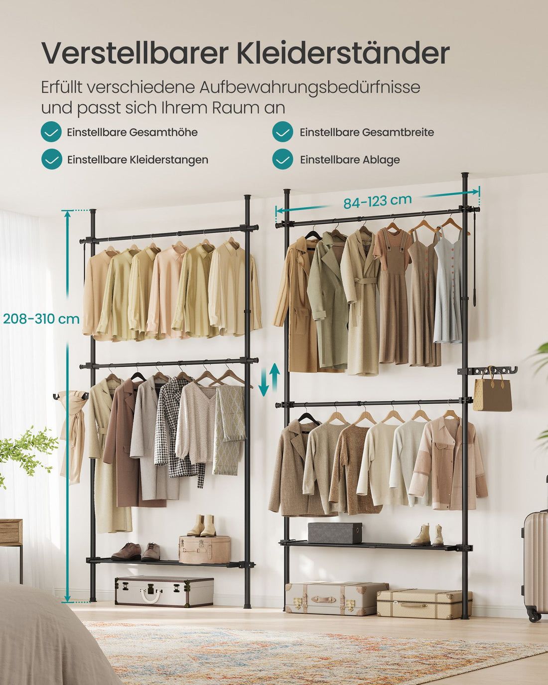 Kleiderständer, Kleiderstange und Garderobe, mattschwarz - 33,5 x (84-123) x (208-310) cm