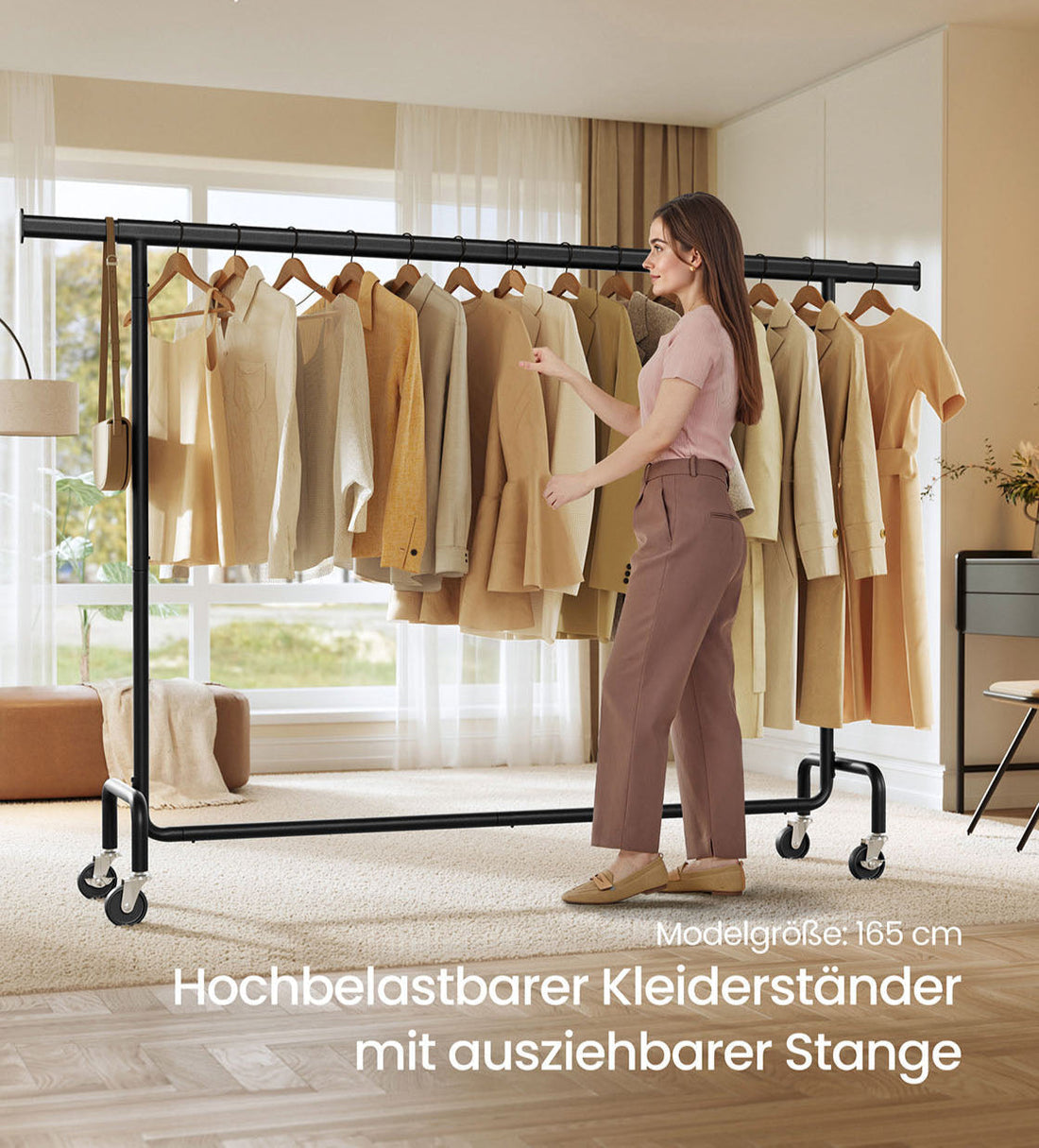 Verstellbare Kleiderstange auf Rollen - Schwarz - 110 kg - 45 x (160-200) x 162,9 cm