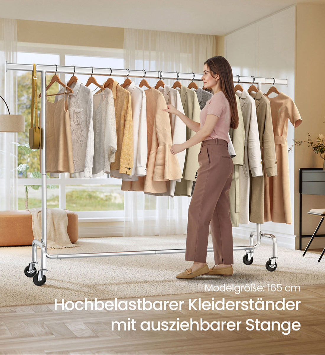 Kleiderständer auf Rollen – verstellbar – Stahl – Silber – 45 x (160-200) x 162,9 cm