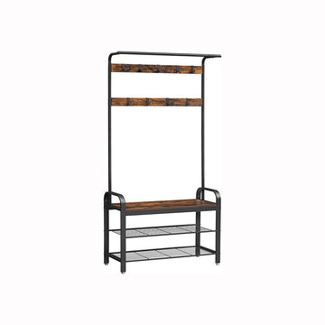 Kapstok met 3 planken, schoenenbank en 9 haken, hout-look, 84 x 33,7 x 183 cm