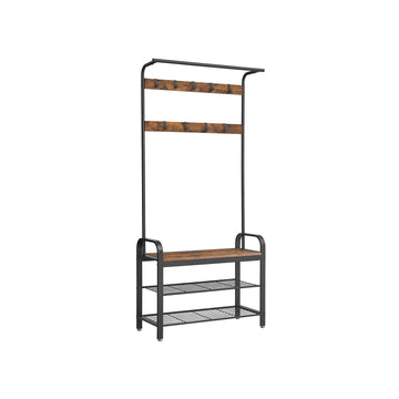 Kledingrek met haken en zitbank - Bruin_zwart - Hout & staal - 84 x 33,7 x 183 cm