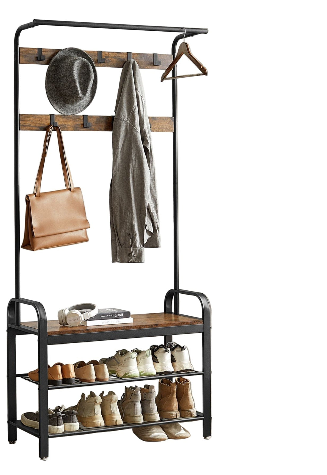 Klädhängare med krokar och sittbänk - Brunsvart - Trä & stål - 84 x 33,7 x 183 cm