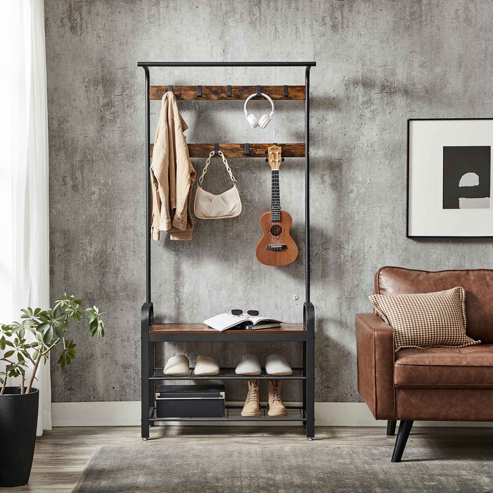 Garderobe mit 3 Ablagen, Schuhbank und 9 Haken, Holzoptik, 84 x 33,7 x 183 cm