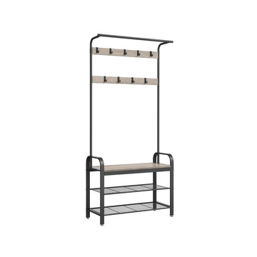 Kapstok met 9 haken en schoenenbank - staal - eiken-wit - 32 x 70 x 175 cm