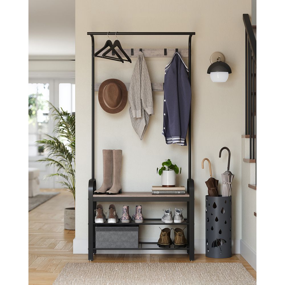 Garderobenständer mit 9 Haken und Schuhbank - Stahl - Eiche-Weiß - 32 x 70 x 175 cm
