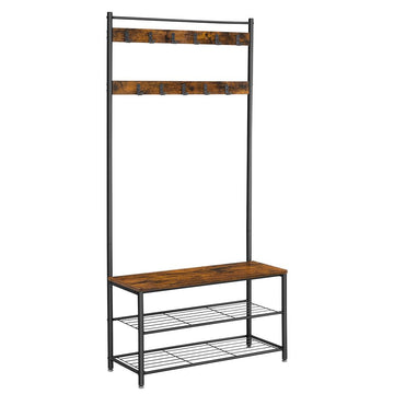 Kapstok met zitbank, 3 planken en 9 haken - vintage bruin-zwart - 32 x 85 x 175 cm