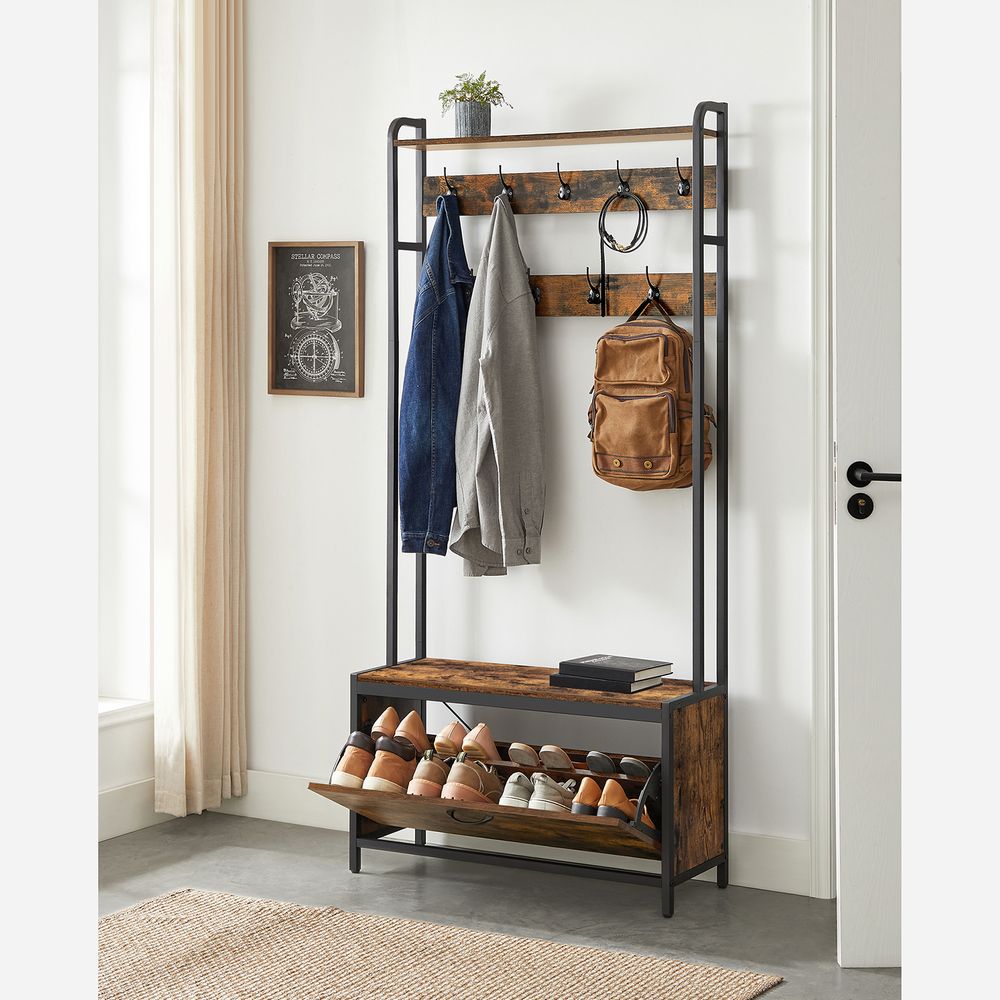 Garderobe mit Schuhschrank und Sitzbank – Industrie-Design – Vintage Braun-Schwarz – 30 x 85 x 180 cm