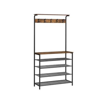 Kapstok met schoenenrek en haken, spaanplaat/staal, bruin-zwart, 80 x 31,5 x 183,5 cm
