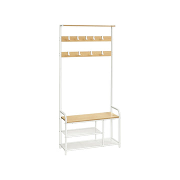 Kapstok met bankje, eiken wit, spaanplaat en staal, 30 x 85 x 180,5 cm