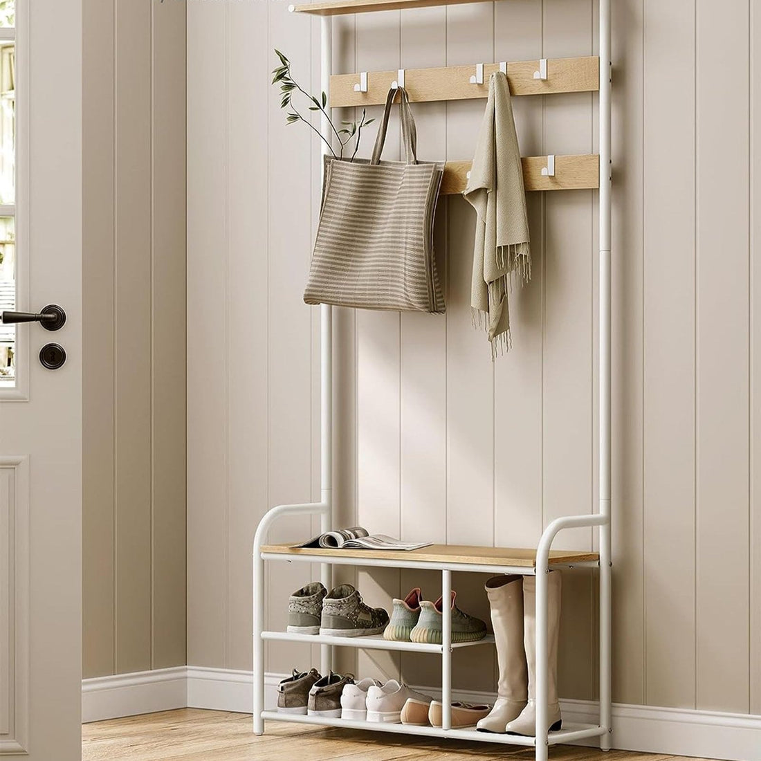 Garderobe mit Sitzbank, Eiche weiß, Spanplatte und Stahl, 30 x 85 x 180,5 cm