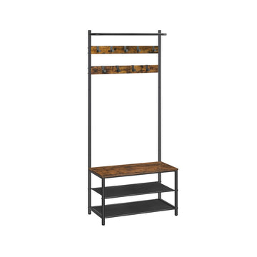Kapstok met bankje, 9 haken, schoenenrek, industrieel, vintage bruin-zwart, 32,2 x 64 x 180 cm