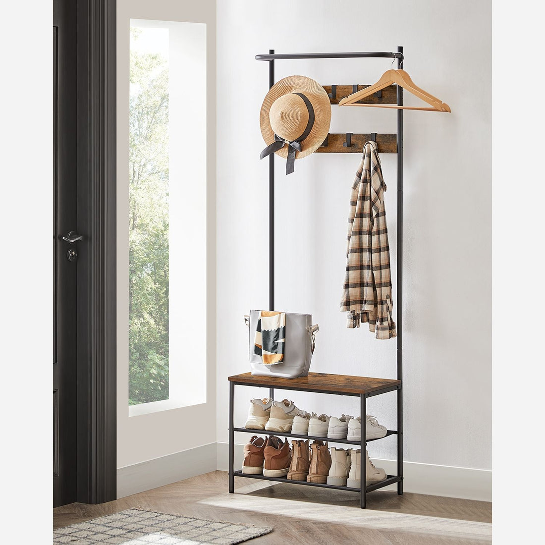 Garderobenständer mit Sitzbank - Kleiderständer - Flur-Organizer - platzsparend - 32,2 x 64 x 180 cm