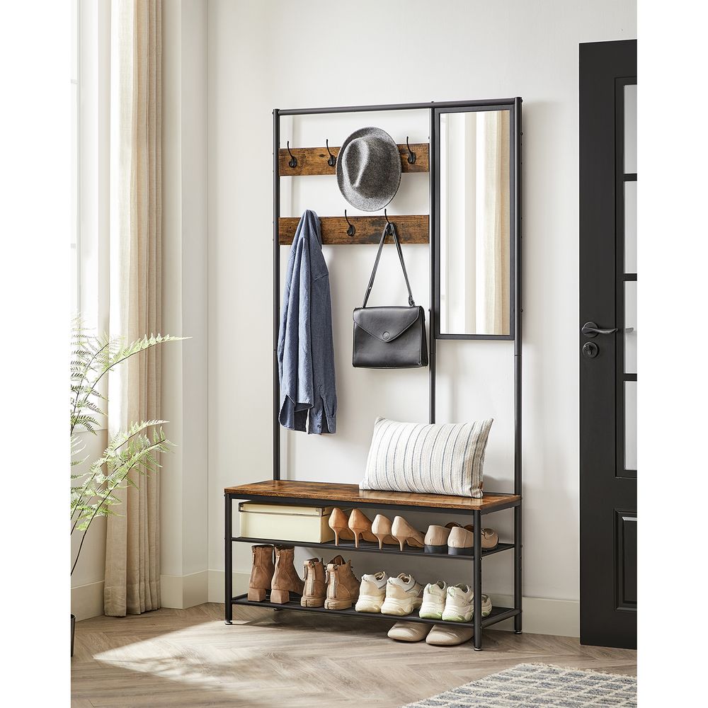 Garderobe mit Spiegel, Bank und Schuhregal - Vintage Braun-Schwarz - 35 x 98 x 180 cm