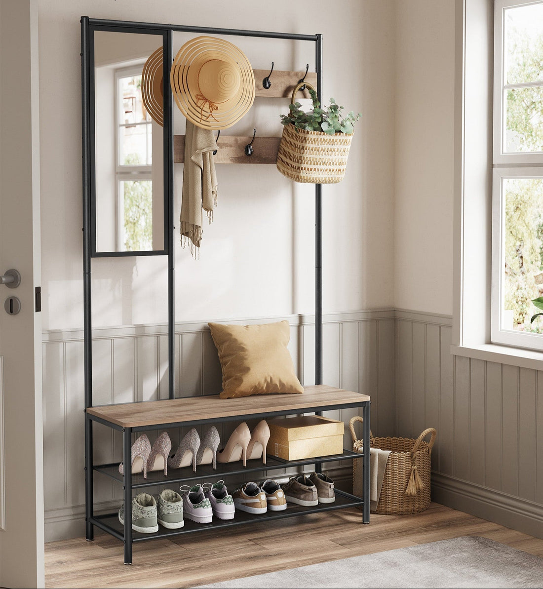 Industrieller Kleiderständer - Garderobe mit Haken - 35 x 98 x 180 cm - Braun Schwarz