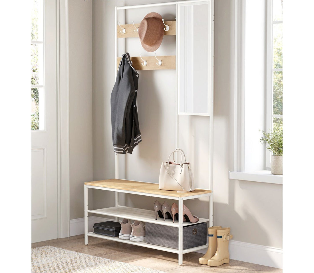 Garderobe mit Hutablage - Eiche weiß - Spanplatte und Stahl - Extra stabil - 35 x 98 x 180 cm
