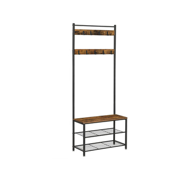 Vintage bruin-zwarte kapstok - halmeubel met bankje - spaanplaat en staal - 70 x 175 x 32 cm