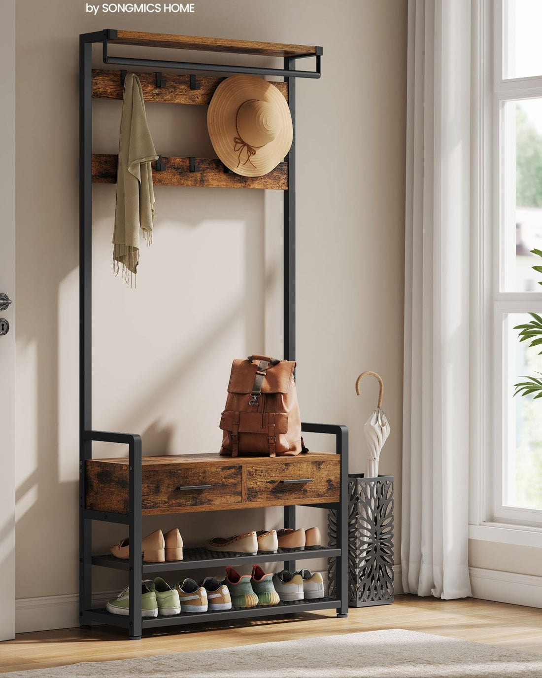 Hatthylla med bänk, vintage brunsvart, 30 x 80,4 x 181,6 cm