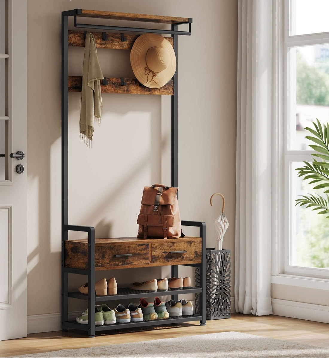 Garderobe mit Schuhbank - Dielenregal - 30 x 80,4 x 181,6 cm - braun/schwarz