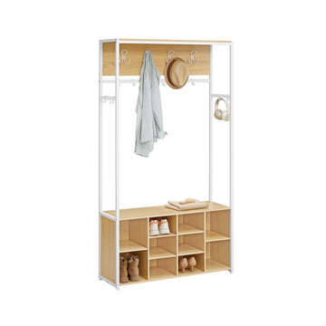 Moderne kapstok met schoenenrek en open vakken | Eikenkleurig-wit | 100x32x180 cm