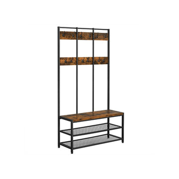 Kapstok met schoenenbank - industrieel - wandrek - vintage bruin-zwart - 100 x 40 x 184 cm