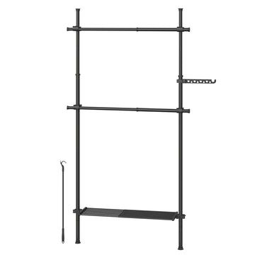 3-laags kledingrek met 2 stangen en plank | Zwart | 84-123x33,5x220-300 cm